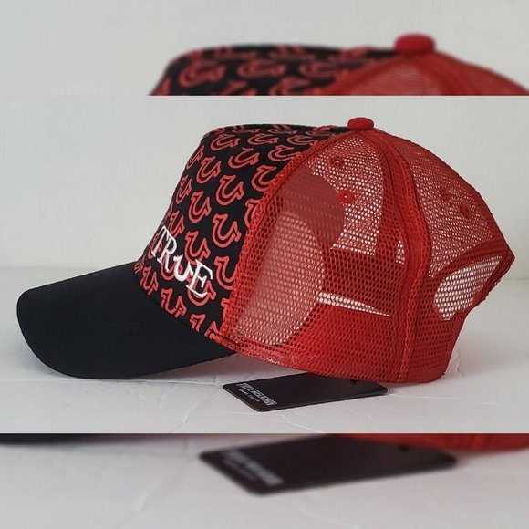 TRUE RELIGION ALLOVER HORSESHOE TRUE TRUCKER HAT MEN'S ADJUSTABLE OS BLACK/RED - Picture 8 of 10